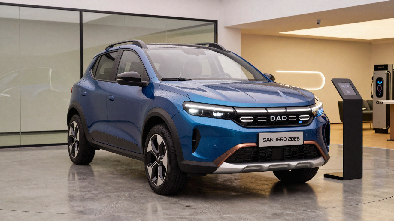 Carro azul médio SUV Sandero 2026 exibido em showroom moderno com piso de concreto polido.