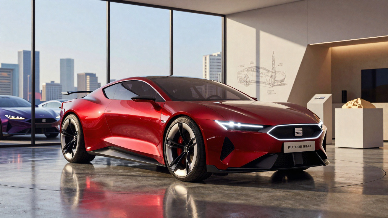 Carro esportivo vermelho futurista em ambiente moderno com janelas grandes e vista urbana ao fundo.