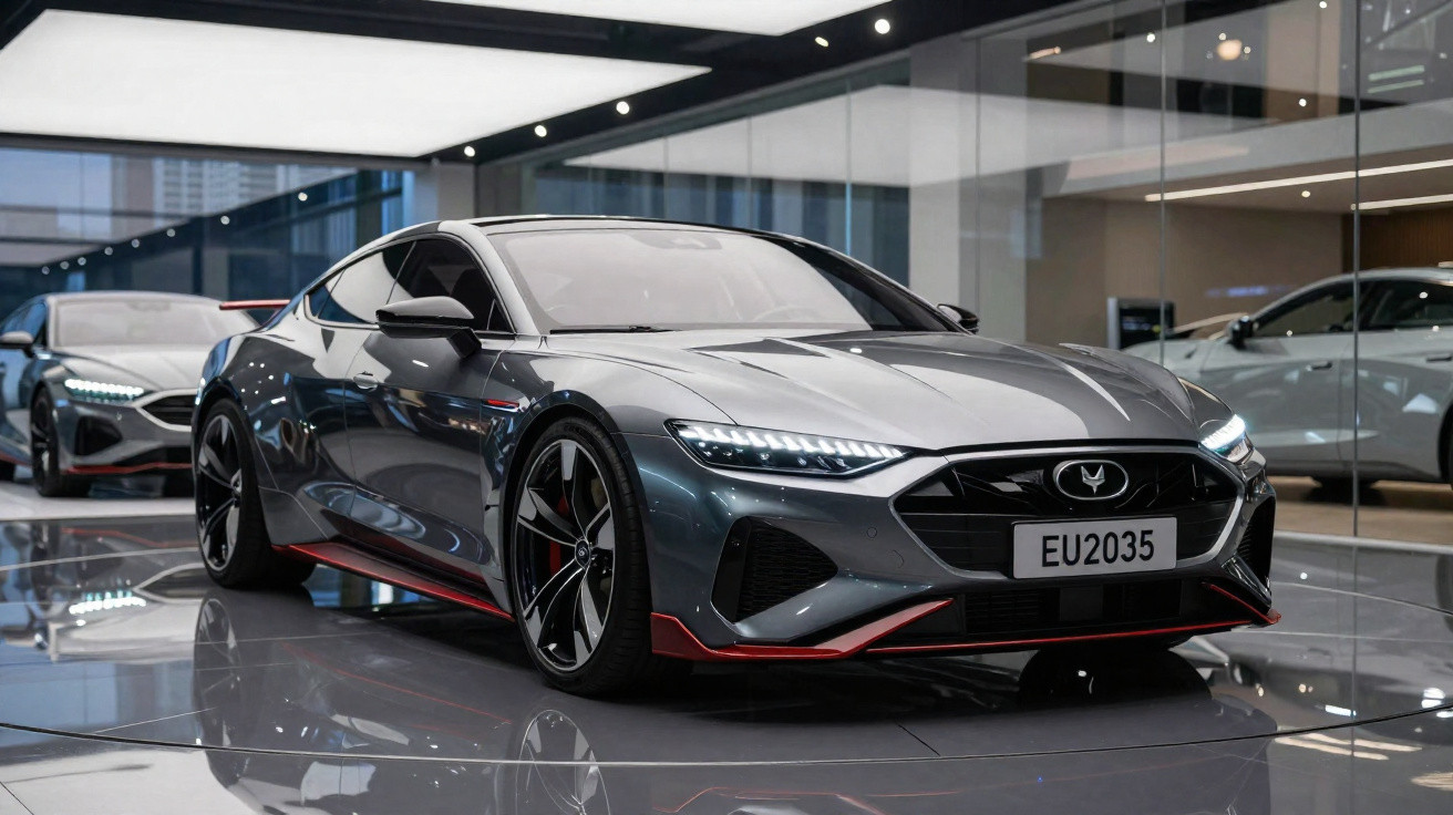 Carro esportivo cinza metálico em exposição interna com design aerodinâmico e detalhes em vermelho.