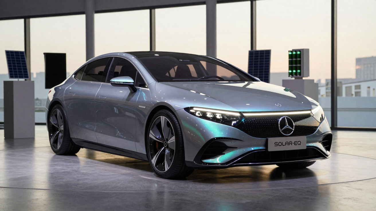 Carro elétrico prata Mercedes-Benz Solar EQ estacionado em ambiente interno moderno com janelas grandes.