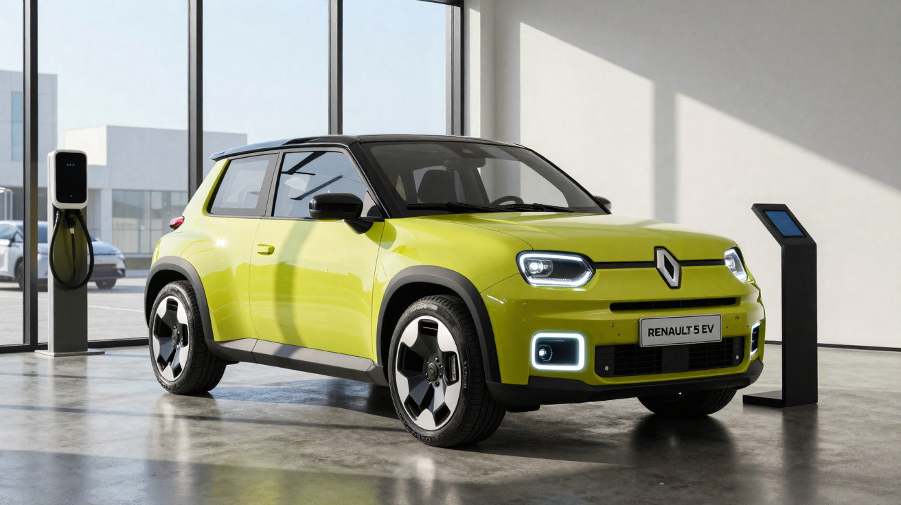 Carro elétrico Renault 5 EV amarelo estacionado em showroom moderno com parede de vidro e carregador elétrico.