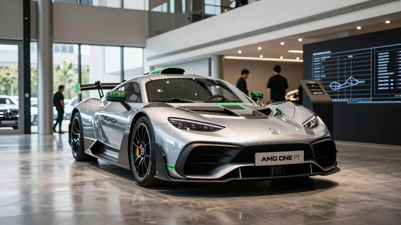 Carro esportivo Mercedes AMG One cinza prata exibido em showroom moderno com piso brilhante e pessoas ao fundo.