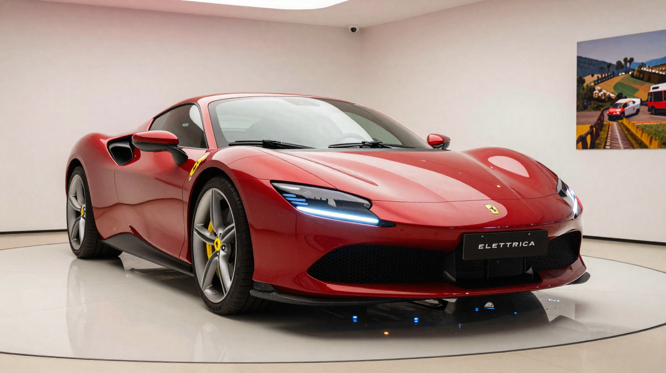 Carro esportivo Ferrari vermelho modelo Elettrica em exposição em ambiente branco minimalista.