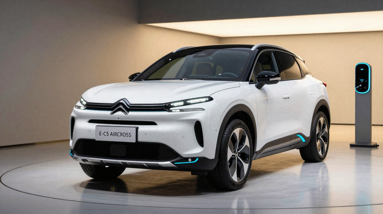 Carro elétrico branco Citroën E-C5 Aircross em exposição com estação de recarga ao fundo.