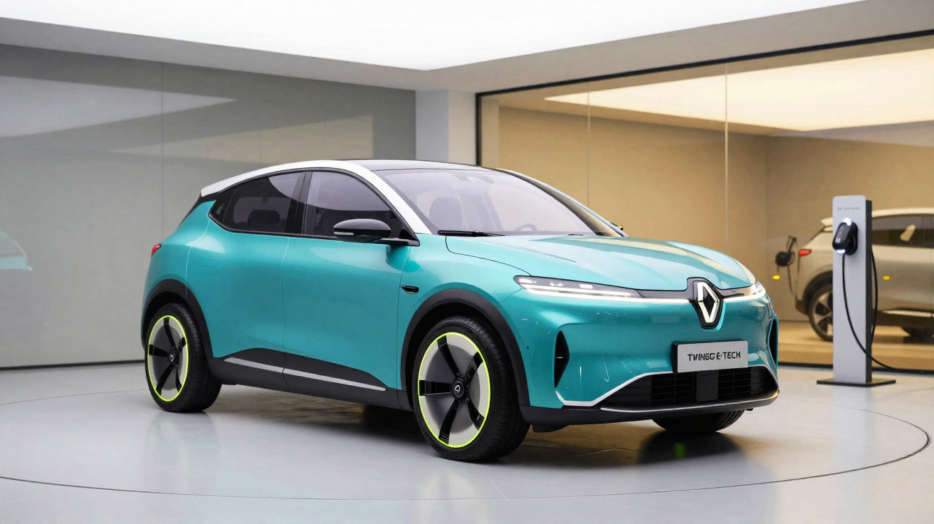 Carro elétrico Renault Twingo E-Tech verde em espaço moderno com estação de recarga ao fundo.