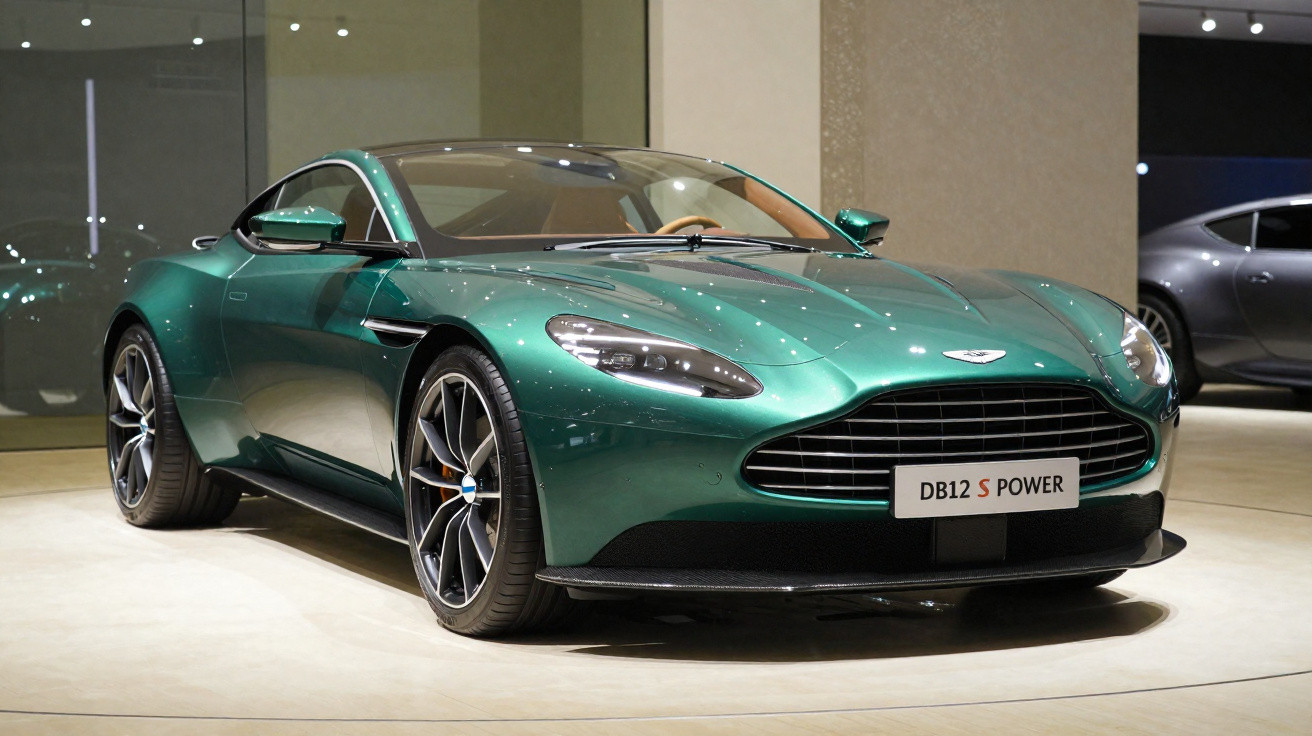 Carro esportivo verde metalizado Aston Martin DB12 S Power em exposição interna iluminada.