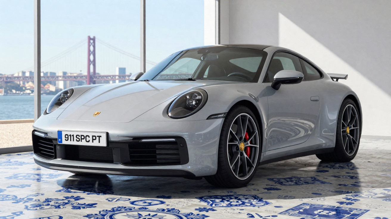 Carro esportivo Porsche 911 prata estacionado em garagem com piso decorado e vista para ponte suspensa.