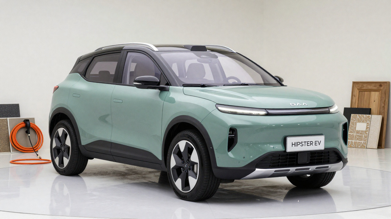 Carro elétrico SUV verde água com teto preto e rodas com design moderno em ambiente interno.