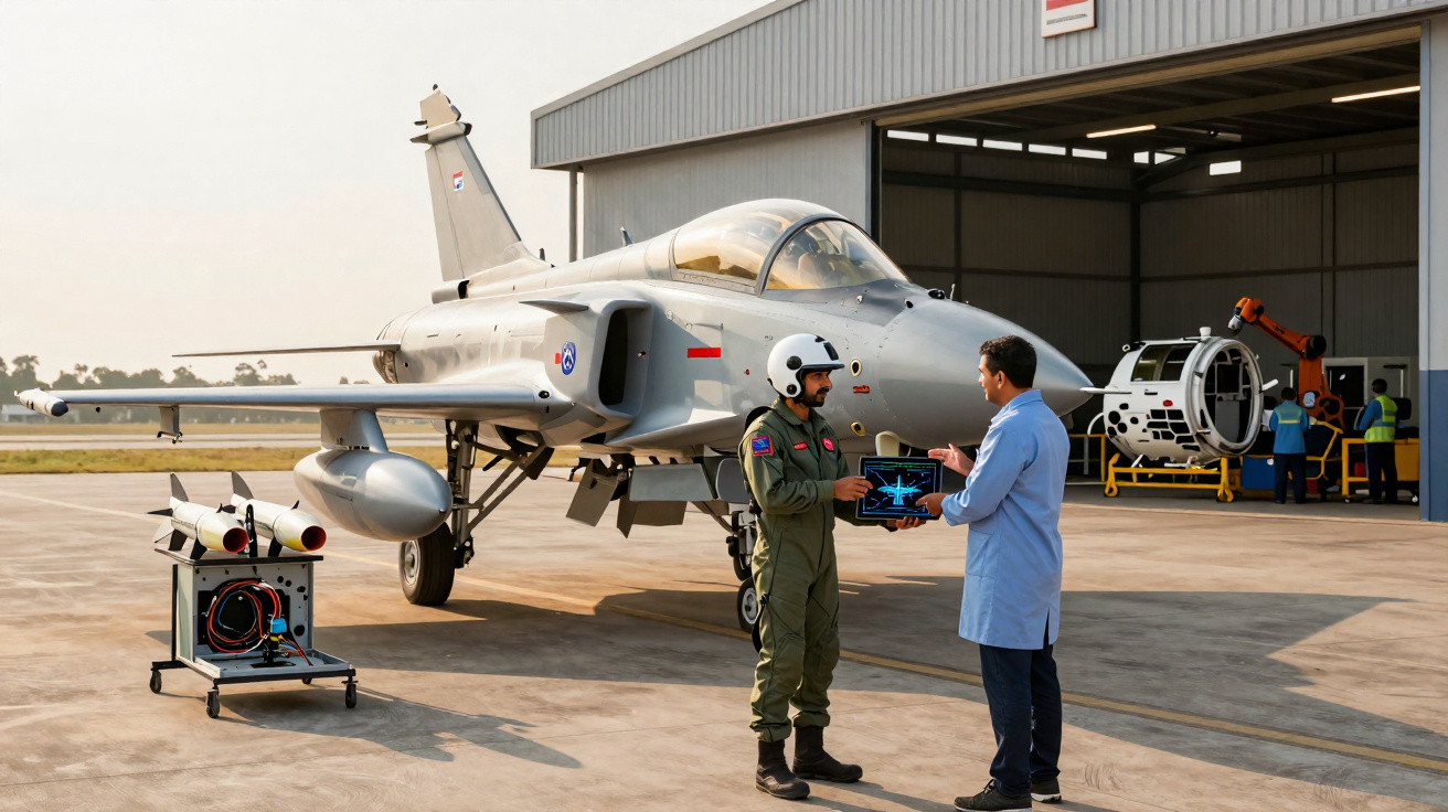 Avião militar cinza estacionado, com piloto e engenheiro analisando tablet em hangar.