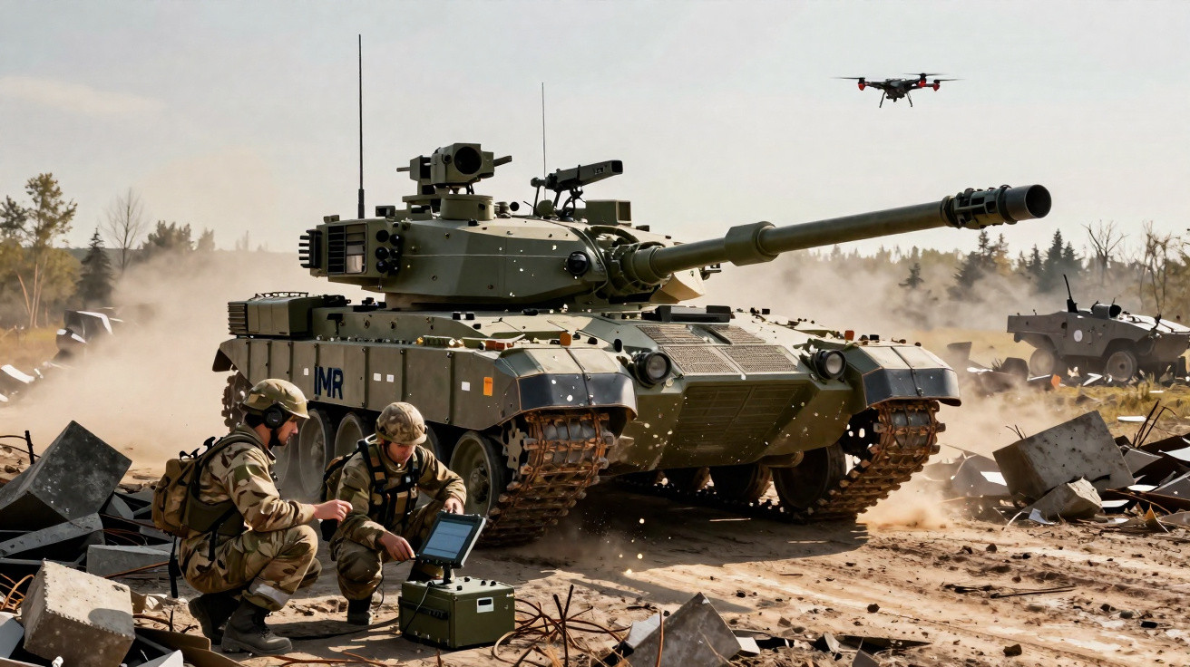 Tanque militar em campo aberto com dois soldados operando equipamento e drone voando ao fundo.