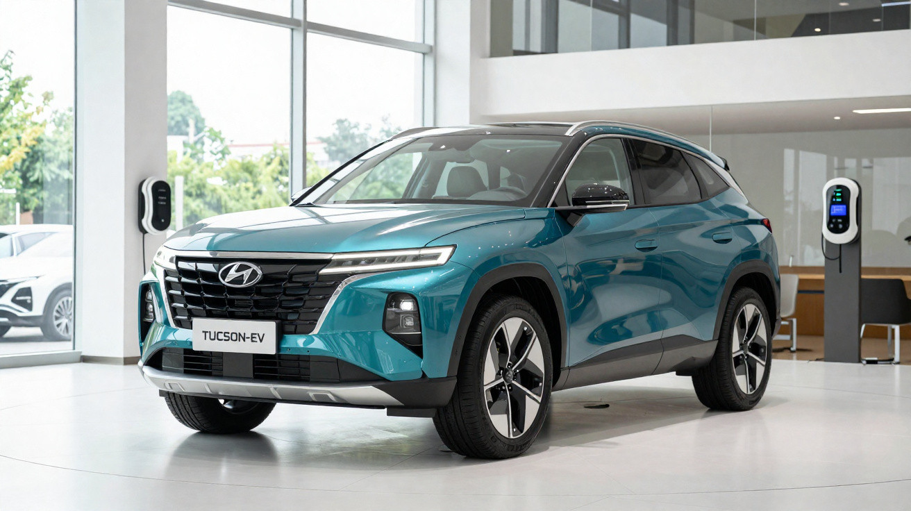 SUV elétrico Hyundai Tucson EV azul exibido em showroom moderno, com estação de recarga ao fundo.