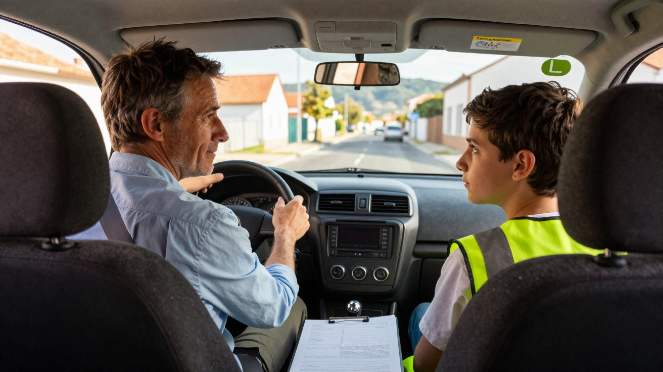 Instrutor de direção ensinando jovem motorista em carro, com sinal de iniciante no para-brisa.
