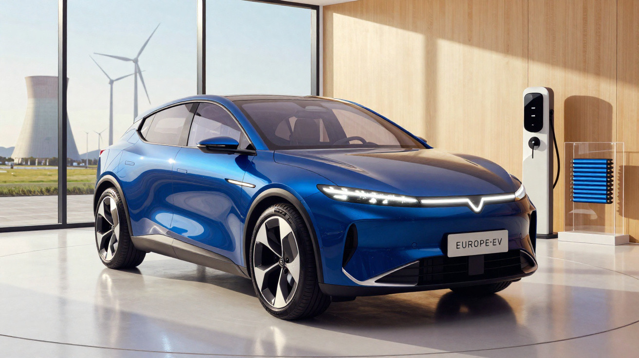 Carro elétrico azul estacionado em garagem com carregador, janela ampla com turbinas e usina ao fundo.