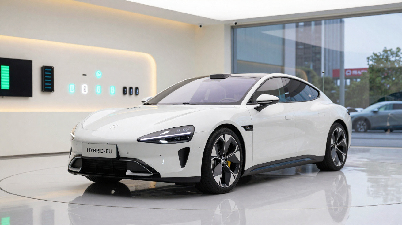 Carro elétrico branco estacionado em showroom moderno com paredes claras e grande vidro ao fundo.