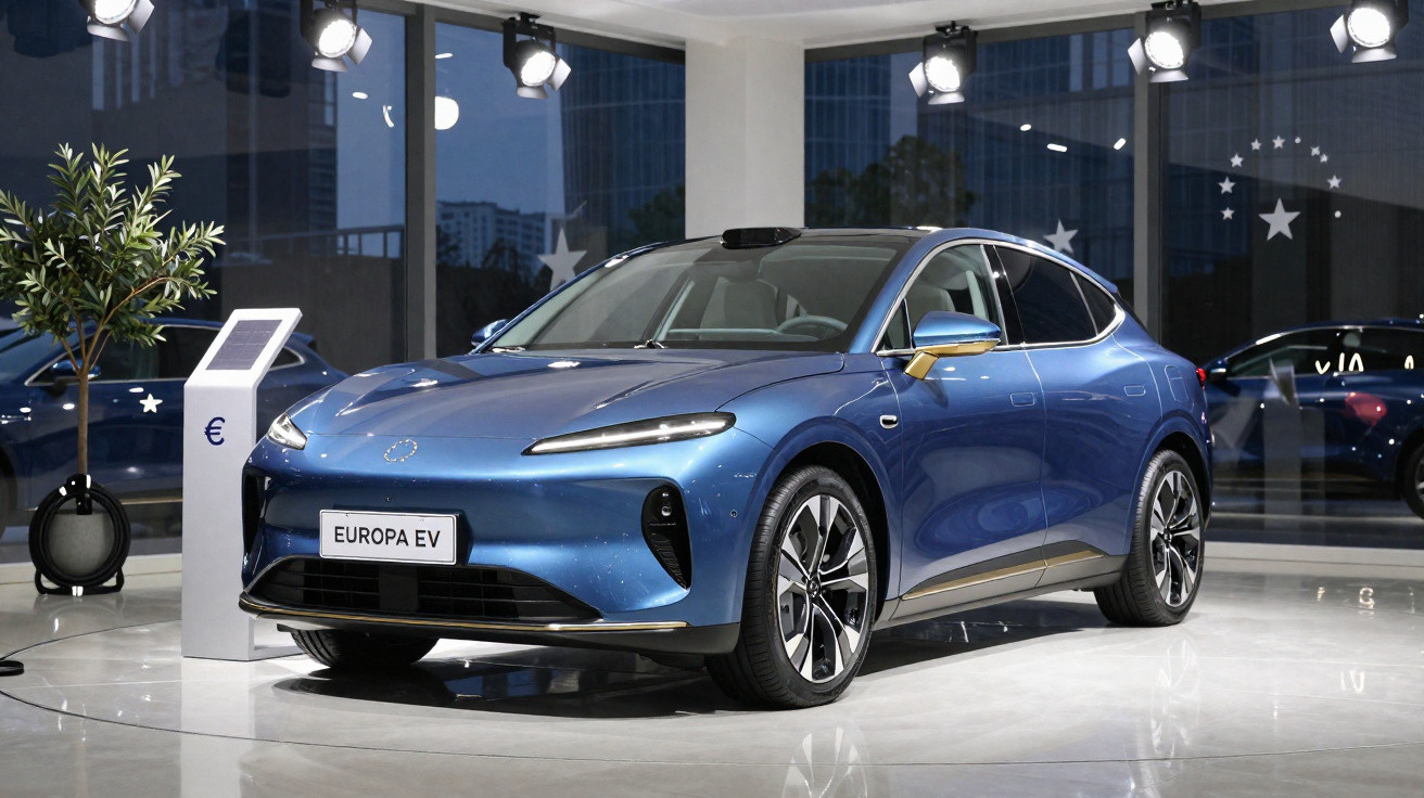 Carro elétrico azul Europa EV exposto em showroom moderno com iluminação focada.