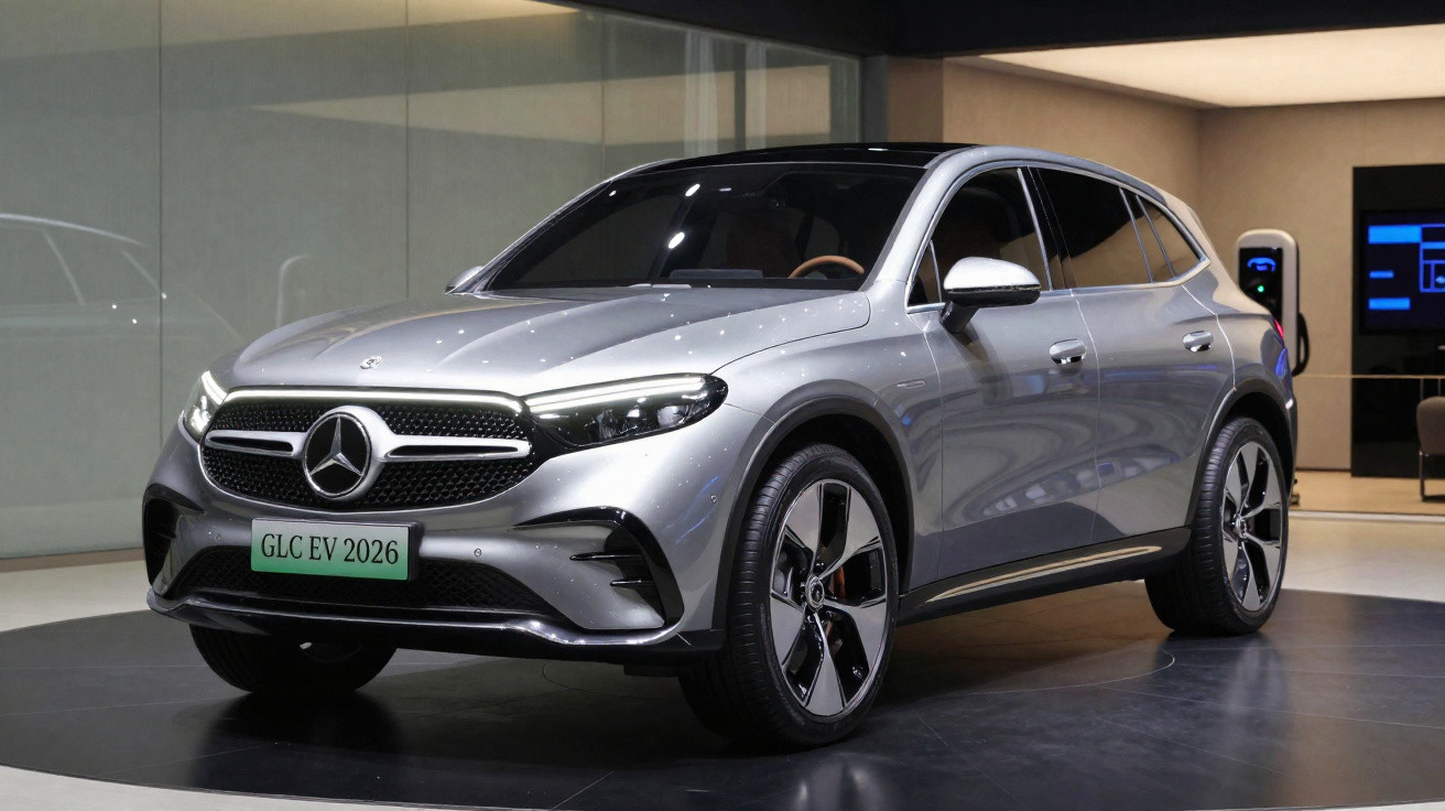 Carro elétrico SUV Mercedes-Benz GLC EV 2026 prata exibido em ambiente interno moderno.