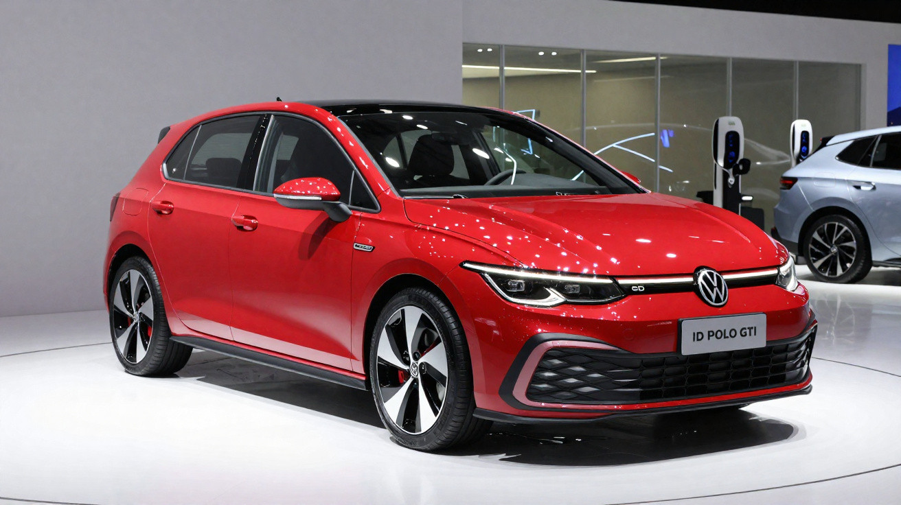 Carro esportivo Volkswagen ID Polo GTI vermelho exposto em ambiente interno, com rodas grandes e design moderno.