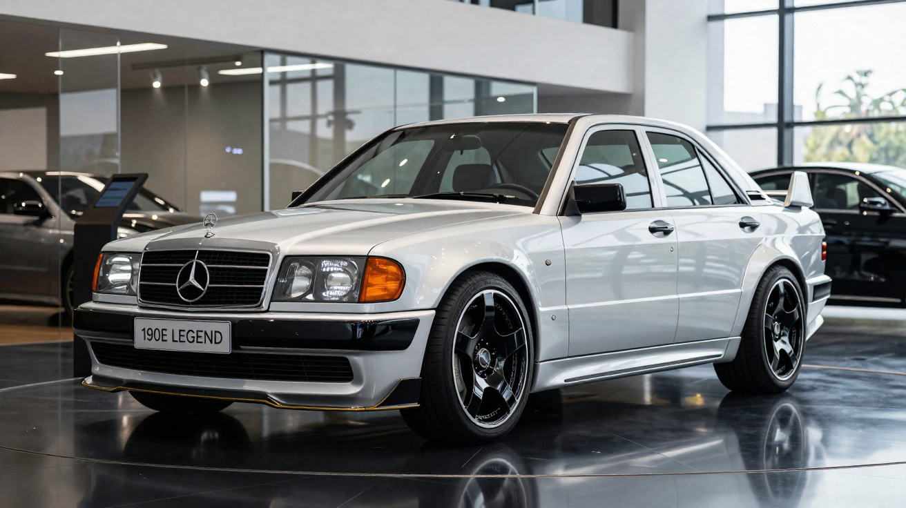 Carro prata Mercedes-Benz 190E Legend com rodas esportivas pretas exibido em showroom moderno.