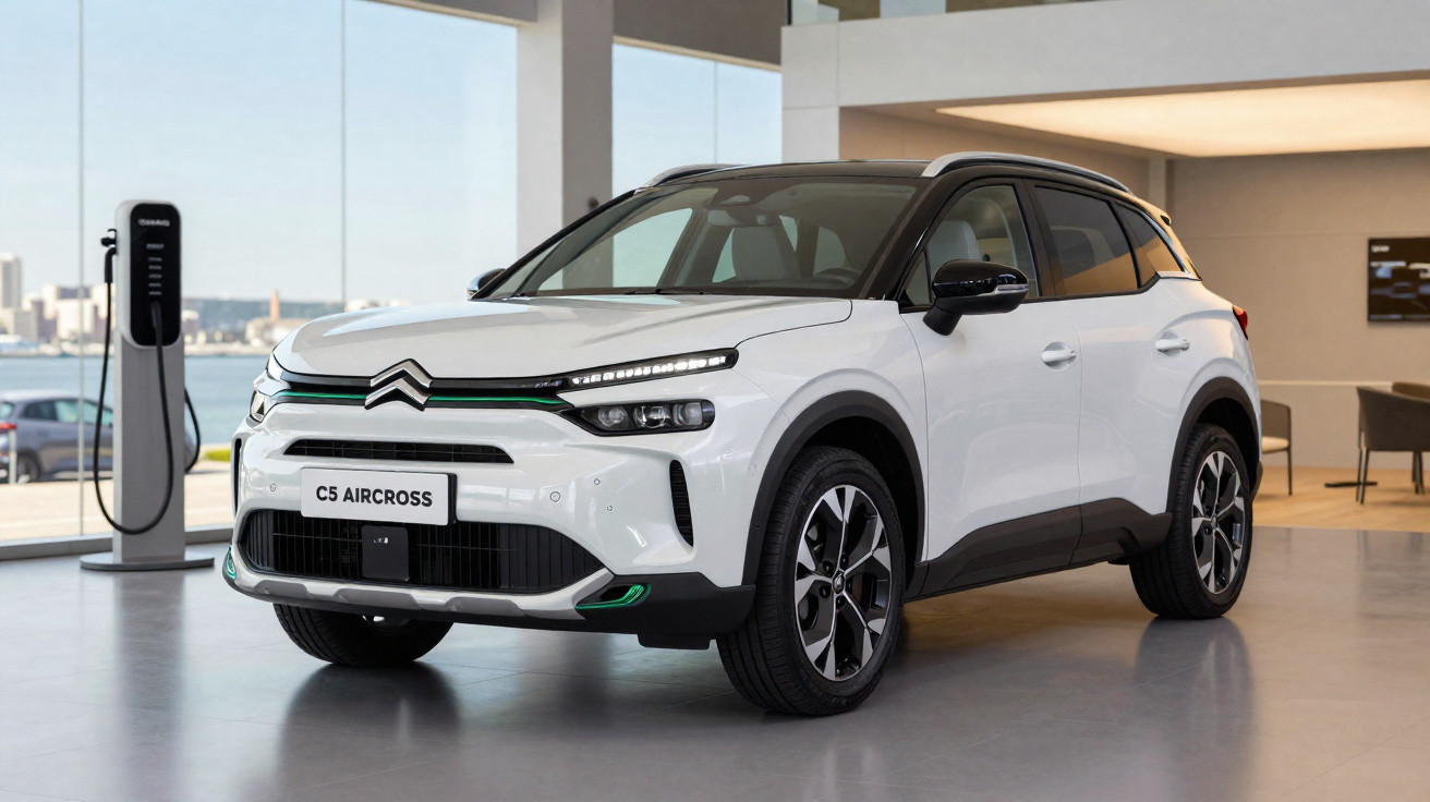 SUV branco Citroën C5 Aircross estacionado em showroom com estação de carregamento elétrico ao fundo.