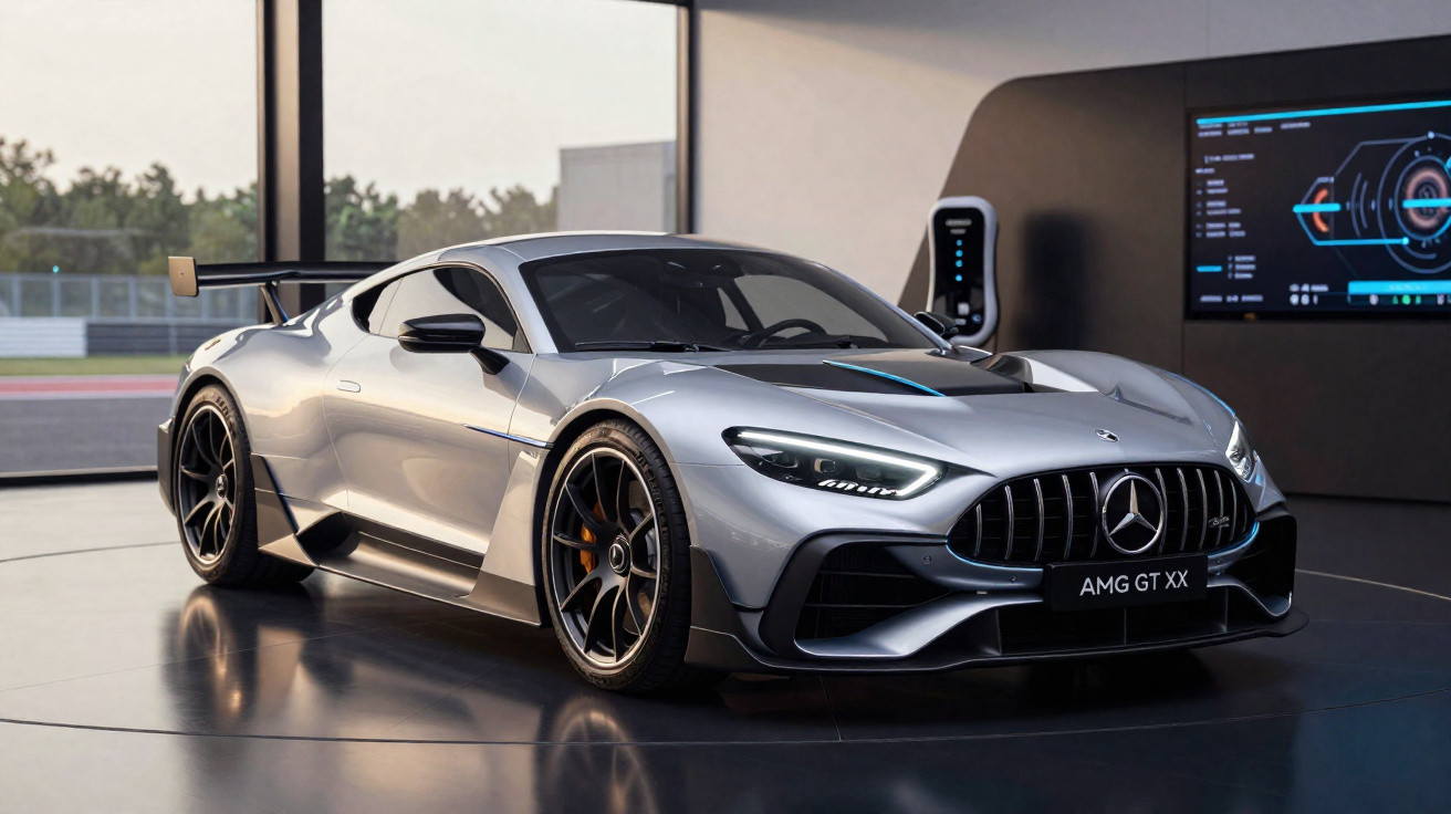 Carro esportivo prata Mercedes AMG GT XX estacionado em ambiente interno com painel digital ao fundo.