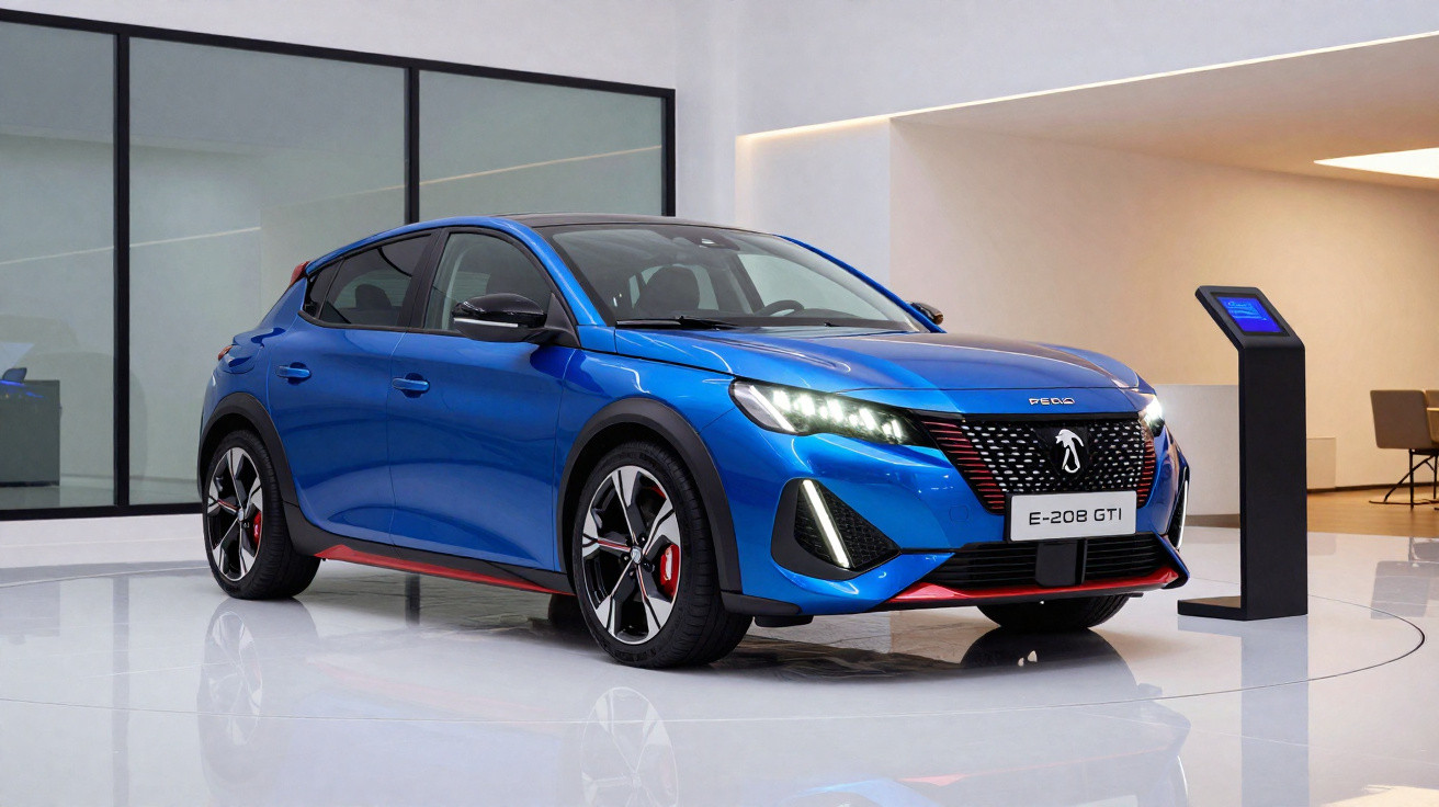 Carro elétrico Peugeot E-208 GTI azul exposto em ambiente moderno e iluminado.