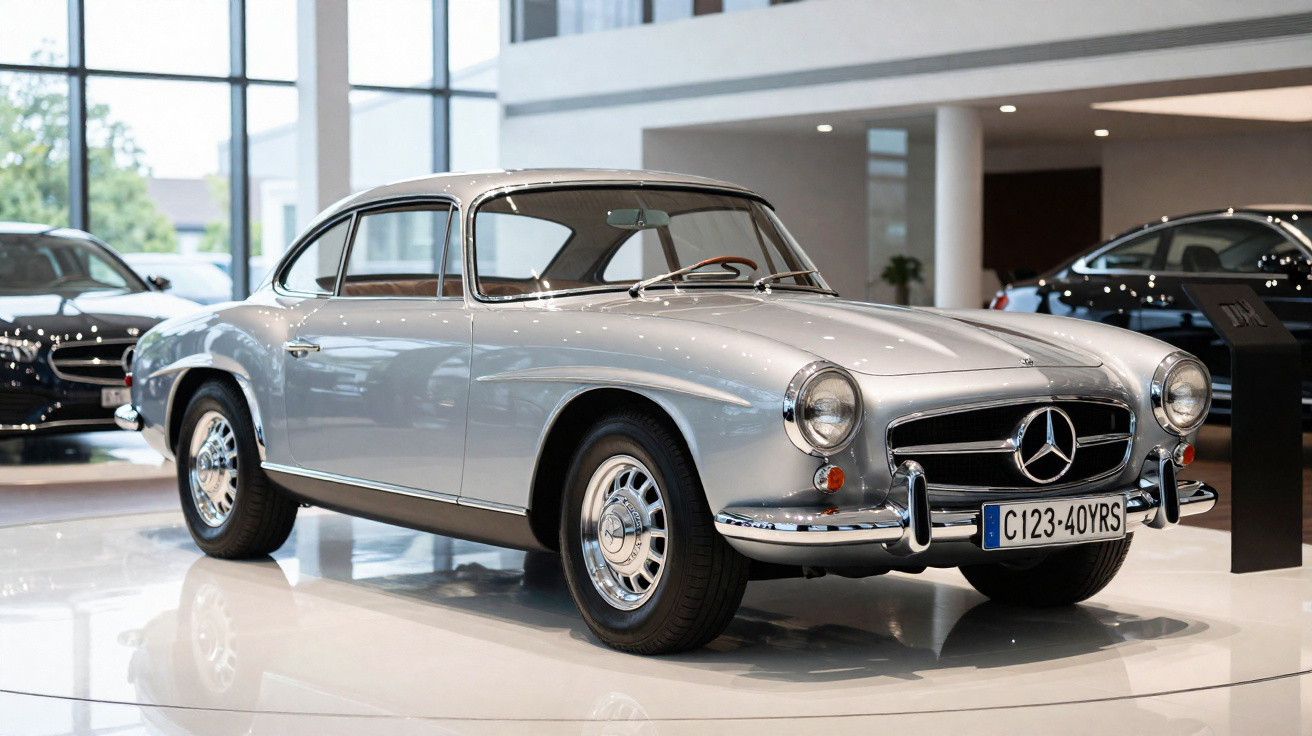 Carro clássico Mercedes-Benz prata, modelo coupé, exibido em showroom moderno com piso branco.