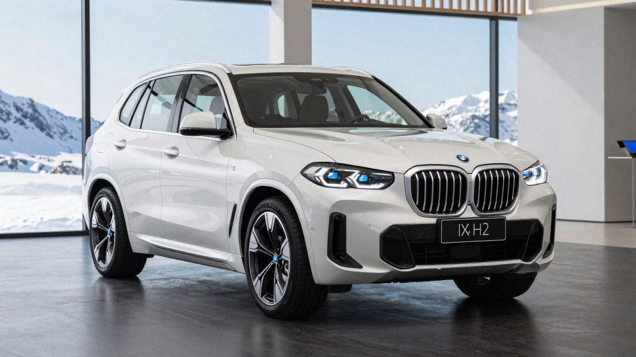 Carro SUV BMW branco IX H2 estacionado em showroom com janelas que mostram paisagem de montanhas nevadas.