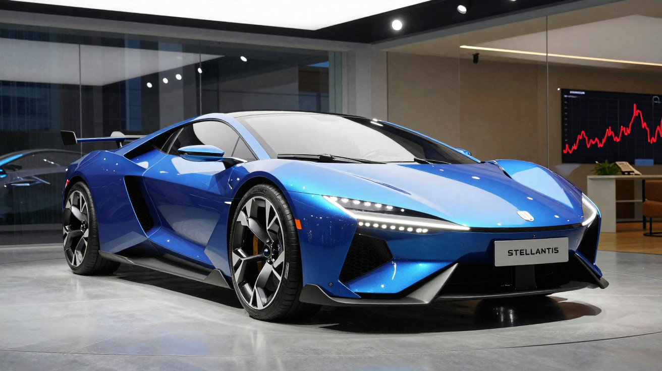 Carro esportivo azul metálico com faróis LED e rodas de liga exposto em showroom moderno.
