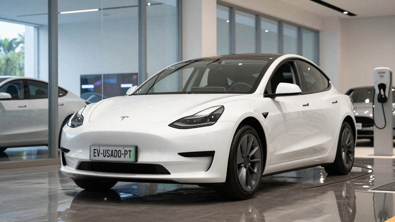 Carro elétrico branco Tesla Model 3 em showroom com piso refletivo e estação de recarga ao fundo.
