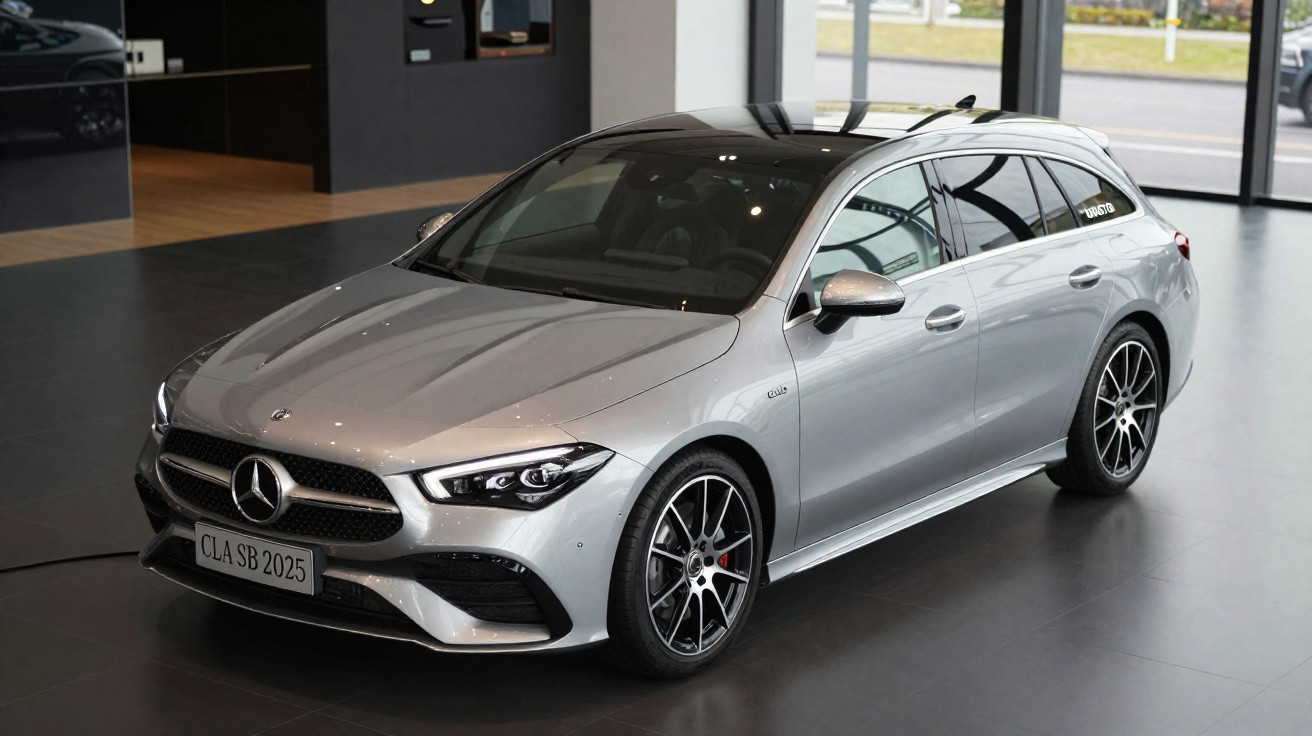 Carro Mercedes-Benz CLA prata modelo 2025 em showroom com teto panorâmico e rodas esportivas.