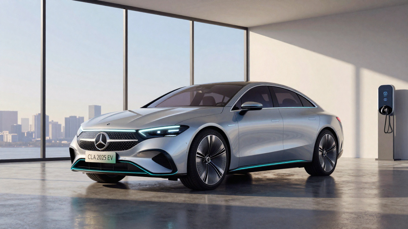Carro elétrico Mercedes-Benz CLA 2025 EV prata estacionado em ambiente interno com janela ampla e estação de carregamento.