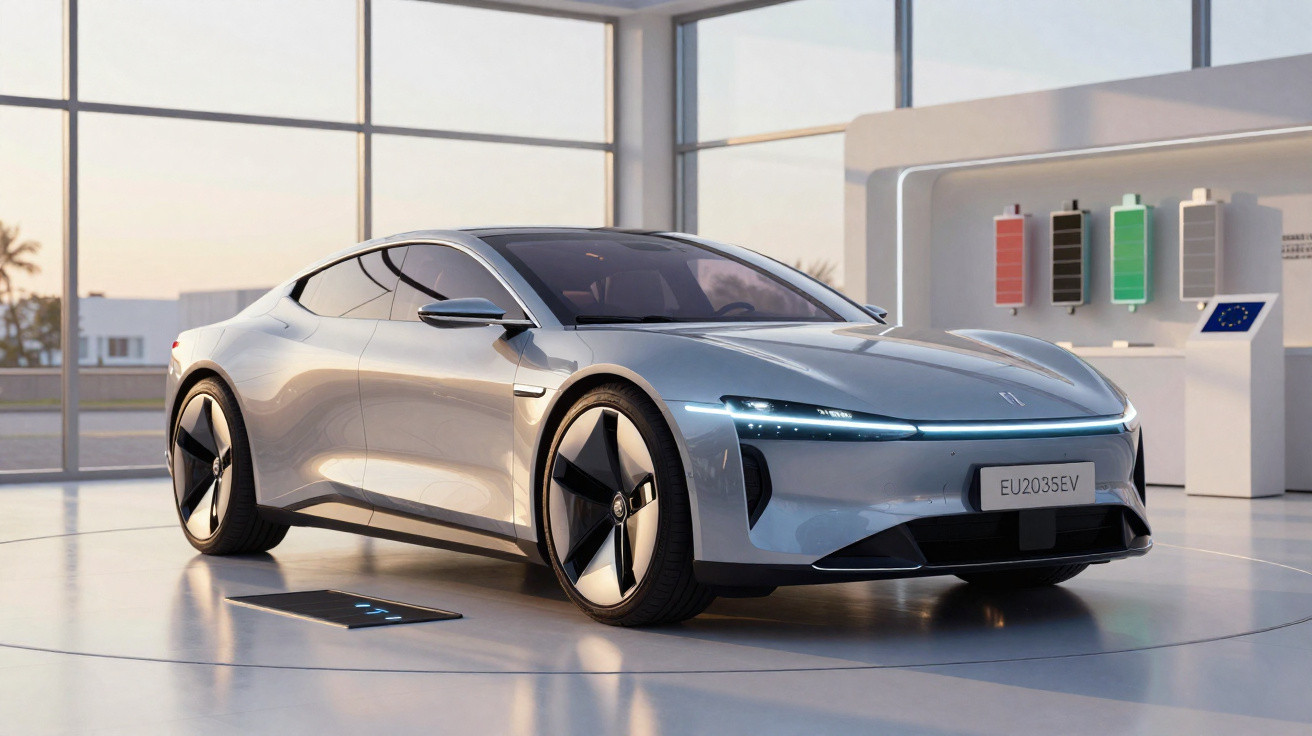 Carro elétrico moderno prata em exposição interna com grandes janelas e tela de baterias ao fundo.