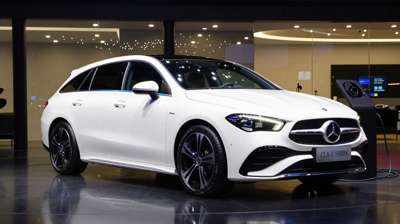 Carro elétrico branco Mercedes-Benz CLA-E exibido em salão, conectado a estação de recarga.