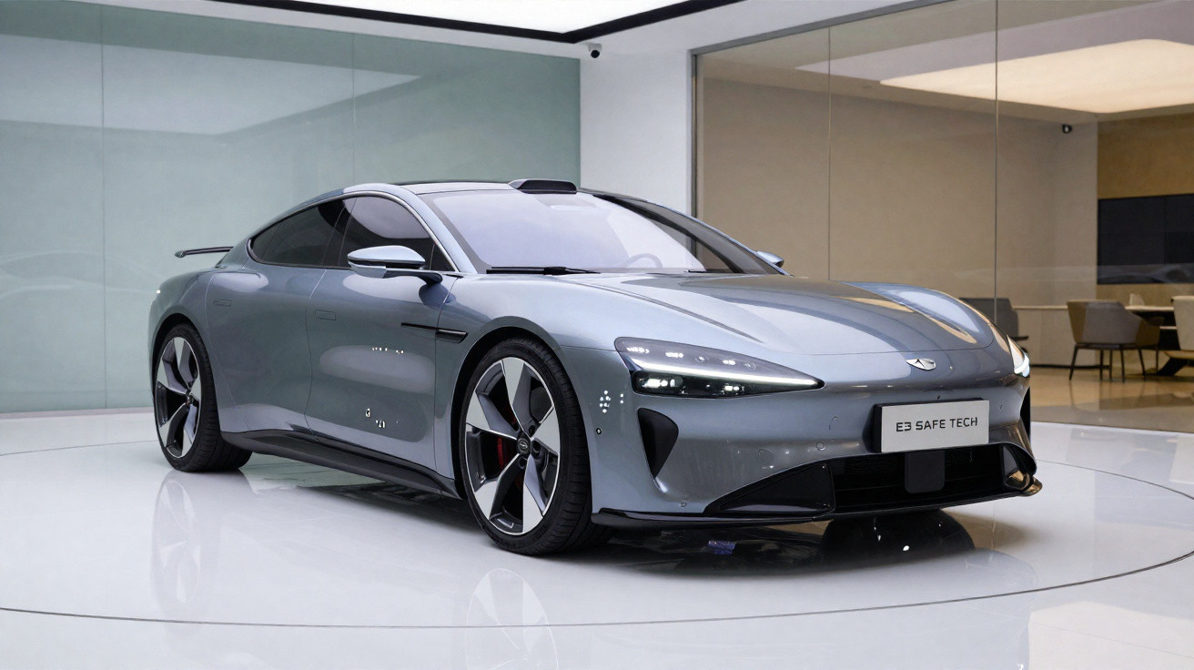 Carro esportivo elétrico cinza exposto em ambiente moderno com piso branco e vidro ao fundo.