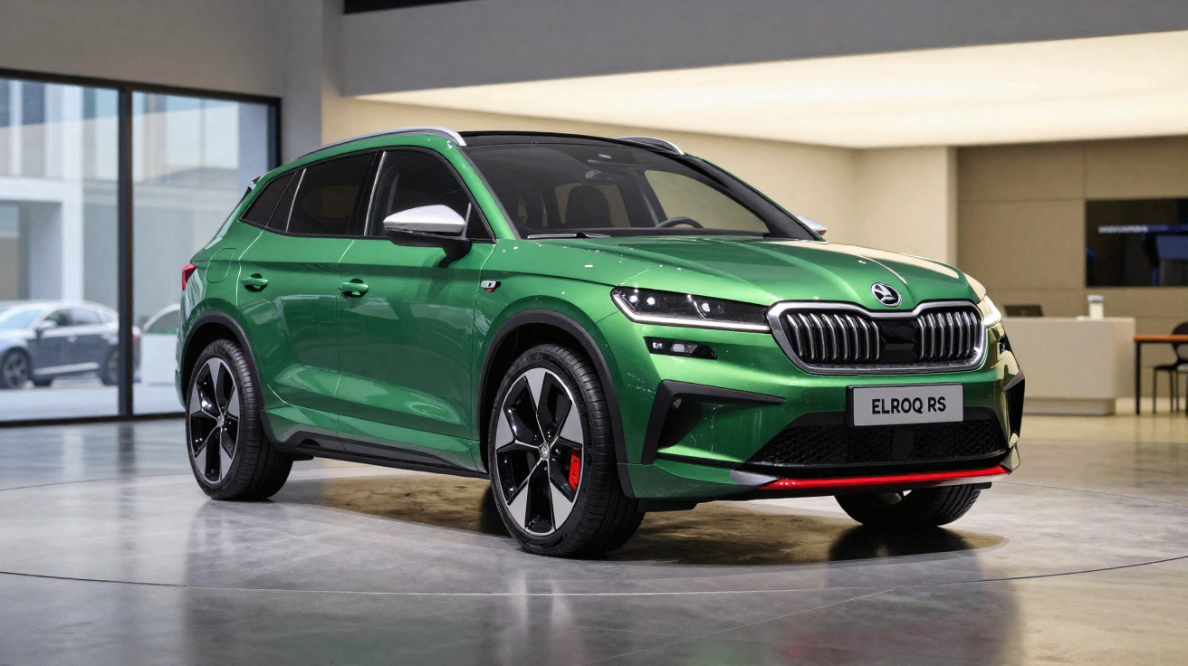 Carro SUV Skoda Elroq RS verde em exposição interna com rodas esportivas e detalhes vermelhos.