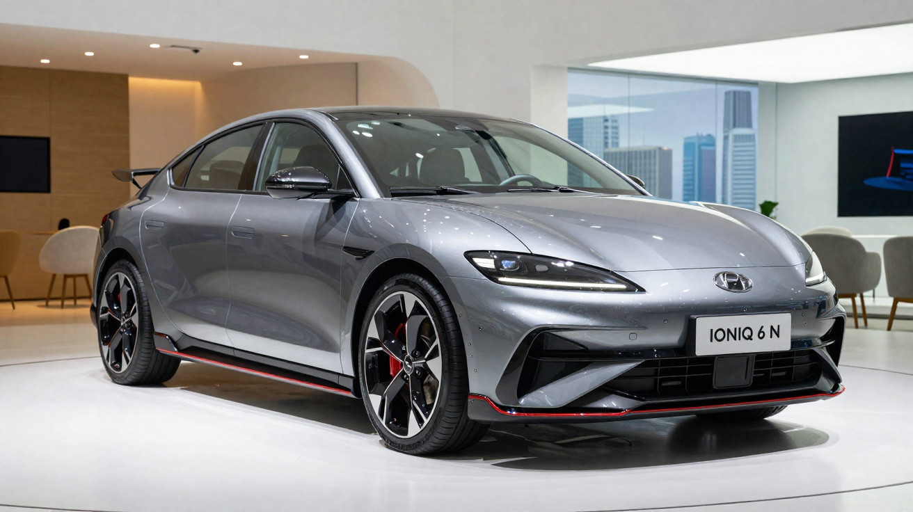 Carro elétrico Hyundai Ioniq 6 N cinza, mostrado em exposição interna, com design moderno e esportivo.