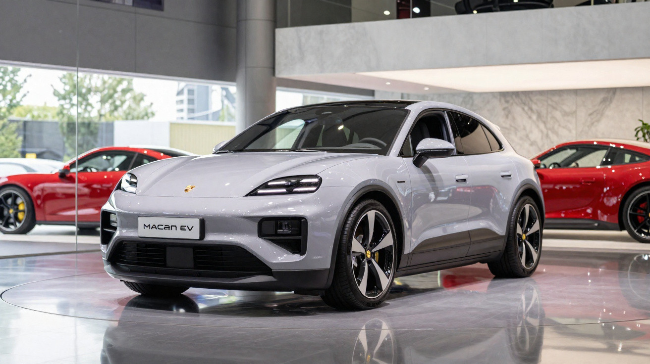 Carro elétrico Porsche Macan EV cinza em exposição, com dois carros esportivos vermelhos ao fundo.
