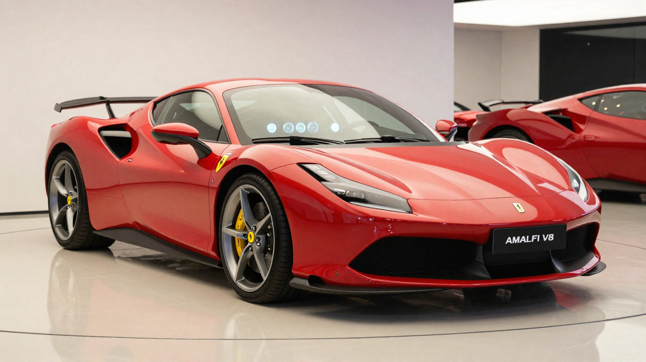 Carro esportivo Ferrari vermelho modelo Amalfi V8 em exposição interna com acabamento brilhante.