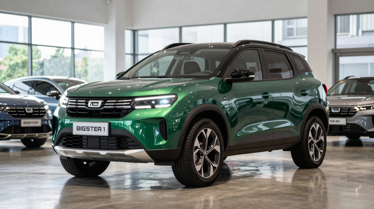 SUV verde metálico Bigster 1 em showroom moderno com pisos de concreto e janelas grandes.