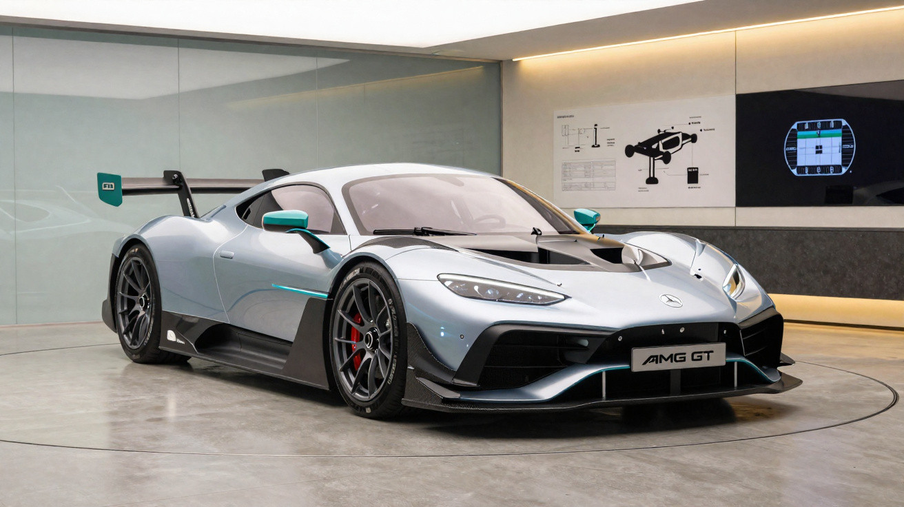 Carro esportivo prata Mercedes AMG GT exibido em showroom moderno com paredes de vidro e iluminação amarela.