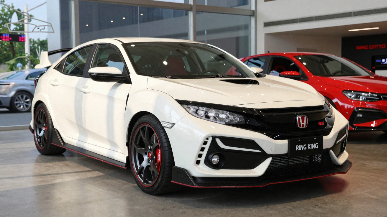 Carro esportivo Honda Civic Type R branco exibido em showroom com detalhes pretos e rodas escuras.