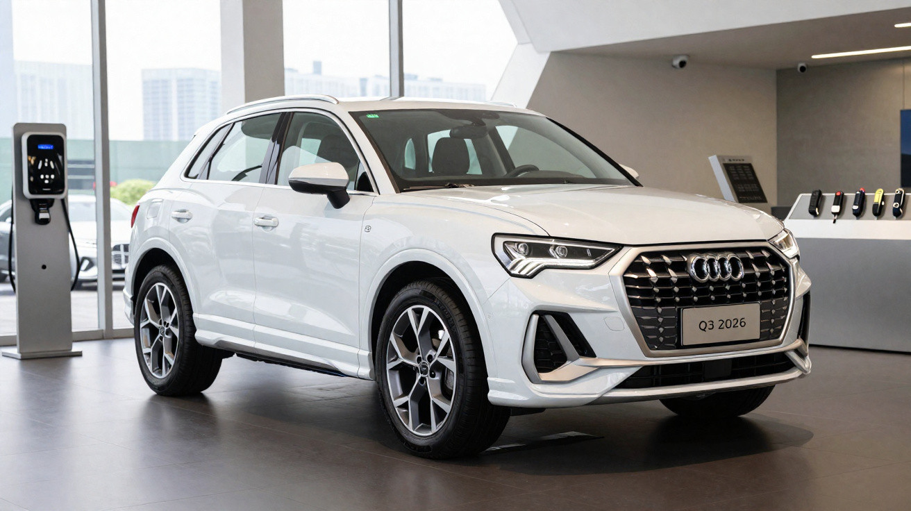 Carro SUV branco Audi Q3 2026 em showroom moderno com estação de carregamento ao lado.