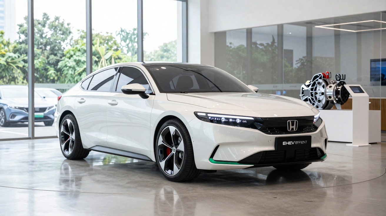 Carro branco Honda elétrico exposto em showroom moderno com grandes janelas de vidro.