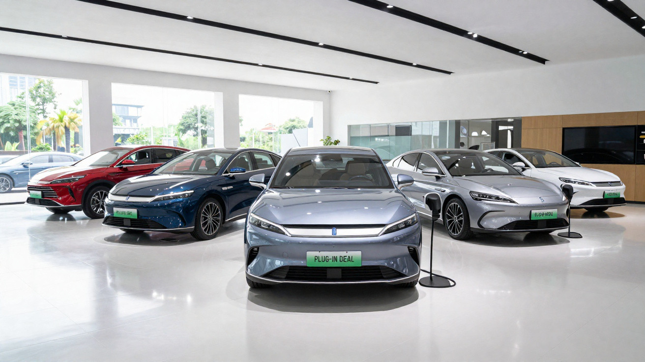 Sala de exibição com cinco carros elétricos plug-in em cores variadas em ambiente moderno e iluminado.