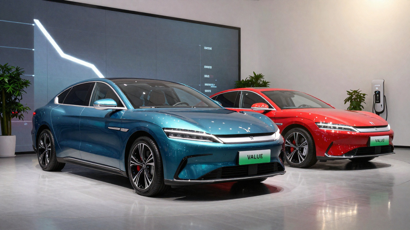 Dois carros elétricos modernos, um azul e um vermelho, expostos em um showroom com parede clara e carregador.