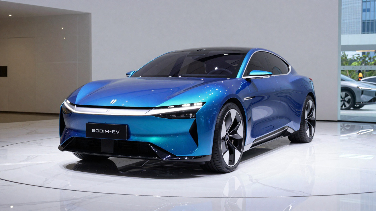 Carro elétrico azul SODIM-EV exibido em ambiente moderno e iluminado.