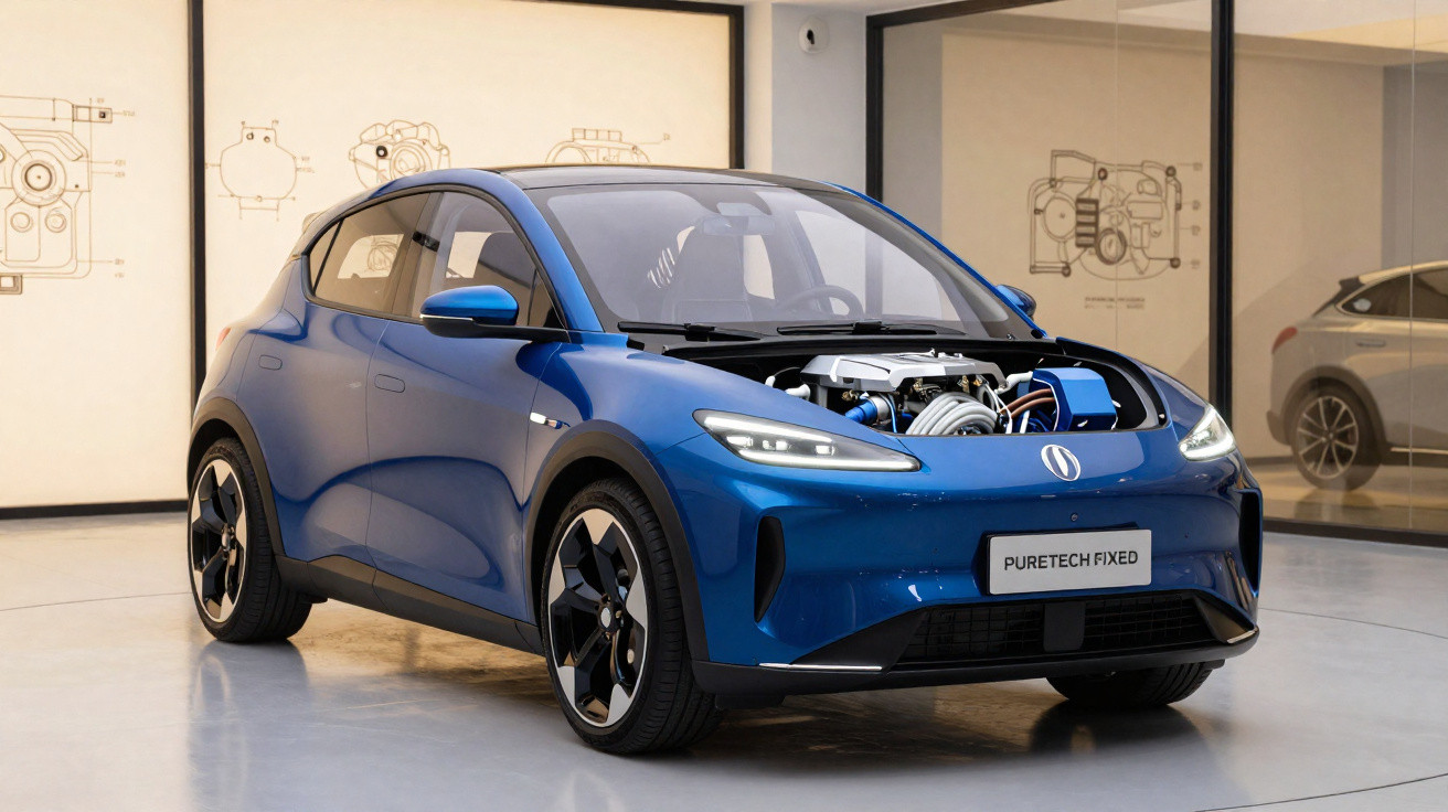 Carro elétrico azul modelo Puretech Fixed com capô aberto mostrando motor exposto em showroom moderno.
