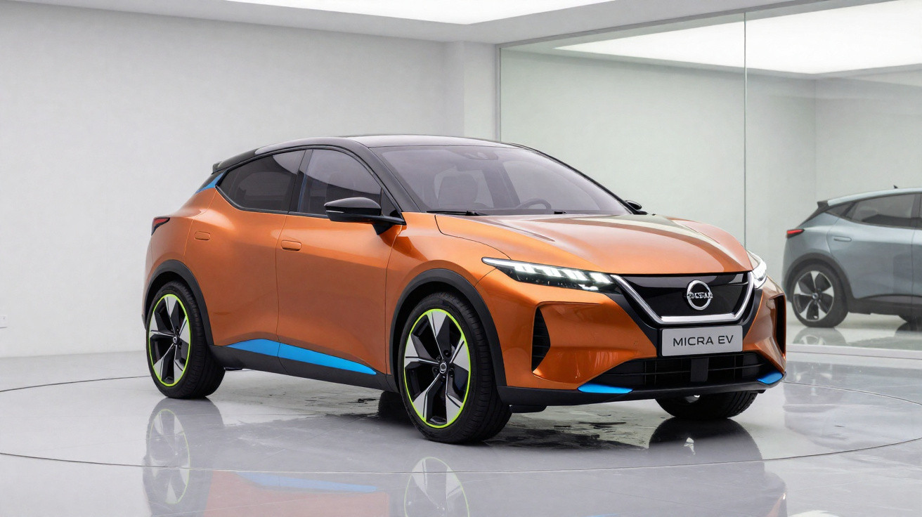 Carro elétrico Nissan Micra EV laranja com detalhes azuis, em ambiente moderno e espelhado.