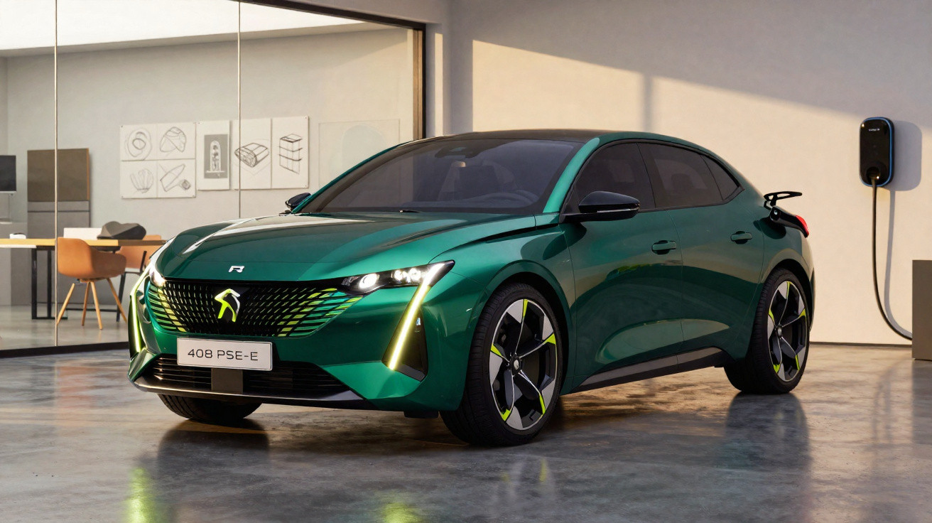 Carro elétrico verde com design moderno estacionado em garagem, conectado a estação de recarga.
