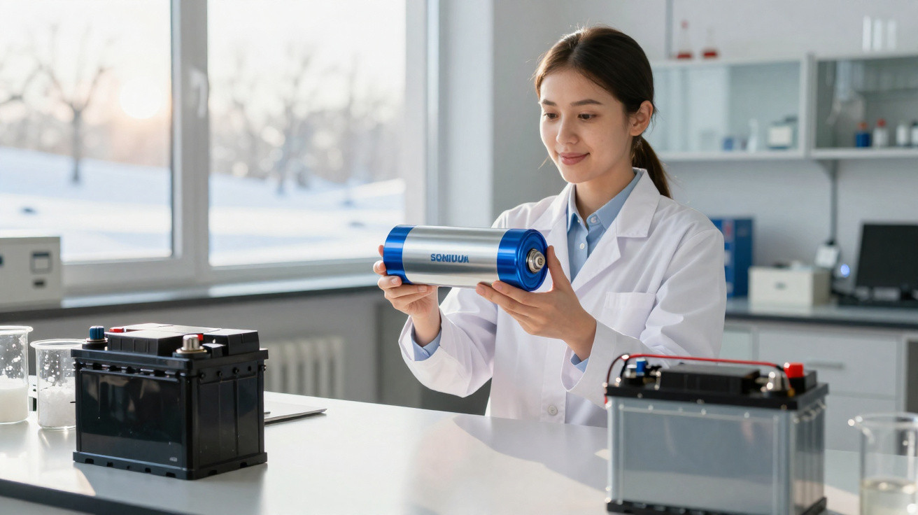 Mulher cientista em laboratório segurando bateria cilíndrica com baterias automotivas na mesa.